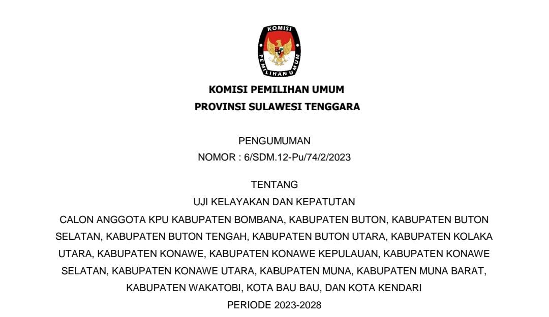 Ini Jadwal dan Tempat Uji Kelayakan dan Kepatutan Calon Anggota KPU Kabupaten Kota di Sultra