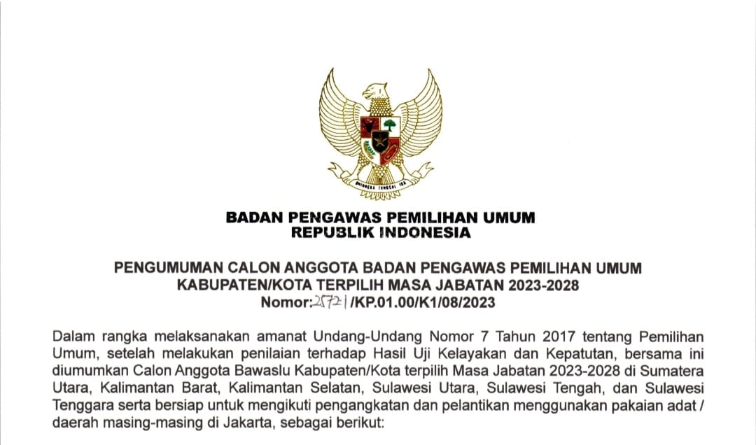 Resmi Diumumkan, Ini Nama-nama Anggota Bawaslu Kabupaten/Kota se-Sulawesi Tenggara Periode 2023-2028
