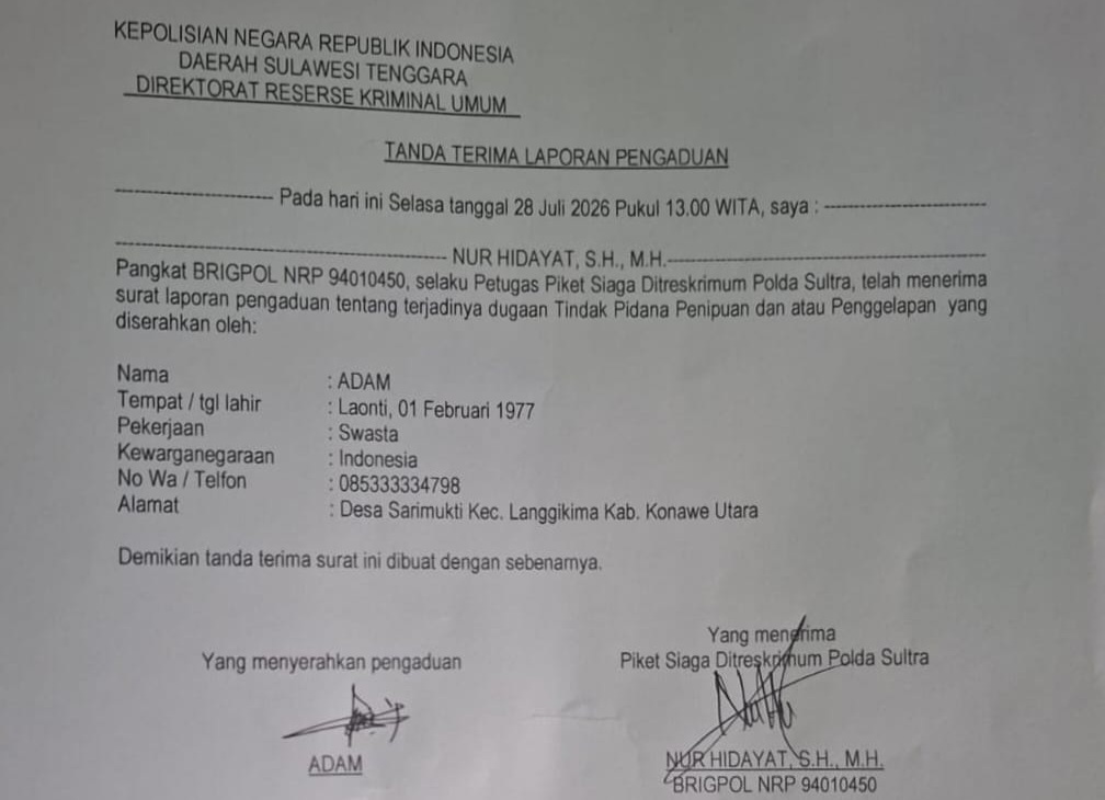 Dugaan Penipuan dan Penggelapan, Kades Sarimukti Konut Dilaporkan di Polda Sultra