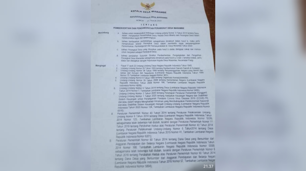 Kades Warambe Parigi Diduga Ganti Aparat Sewenang-wenang