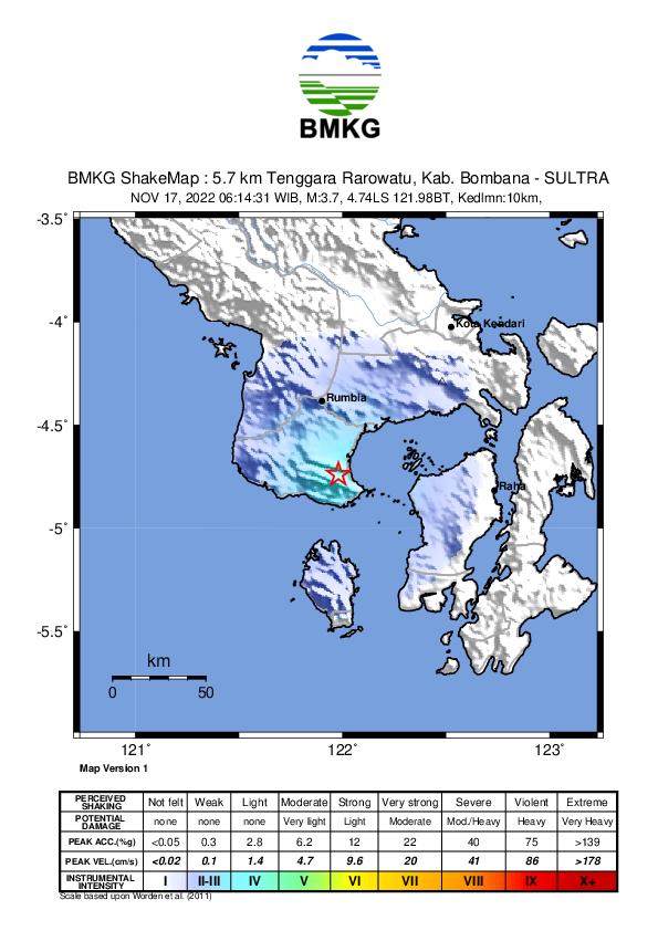 Gempa Bumi Tektonik 3.7 Guncang Rarowatu Bombana