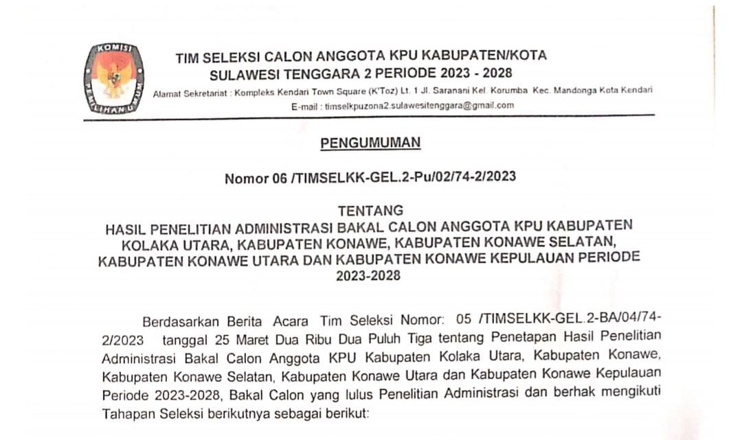 Timsel Sultra 2 Umumkan Calon KPU yang Lulus Administrasi, Ini Daftarnya