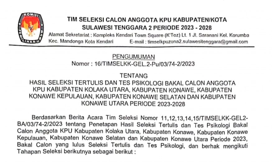 Ini Daftar Nama Calon KPU Kab/Kota Sultra 2 yang Lolos 20 Besar