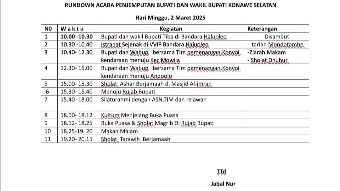 Jadwal Terbaru Penjemputan Bupati dan Wakil Bupati Konawe Selatan