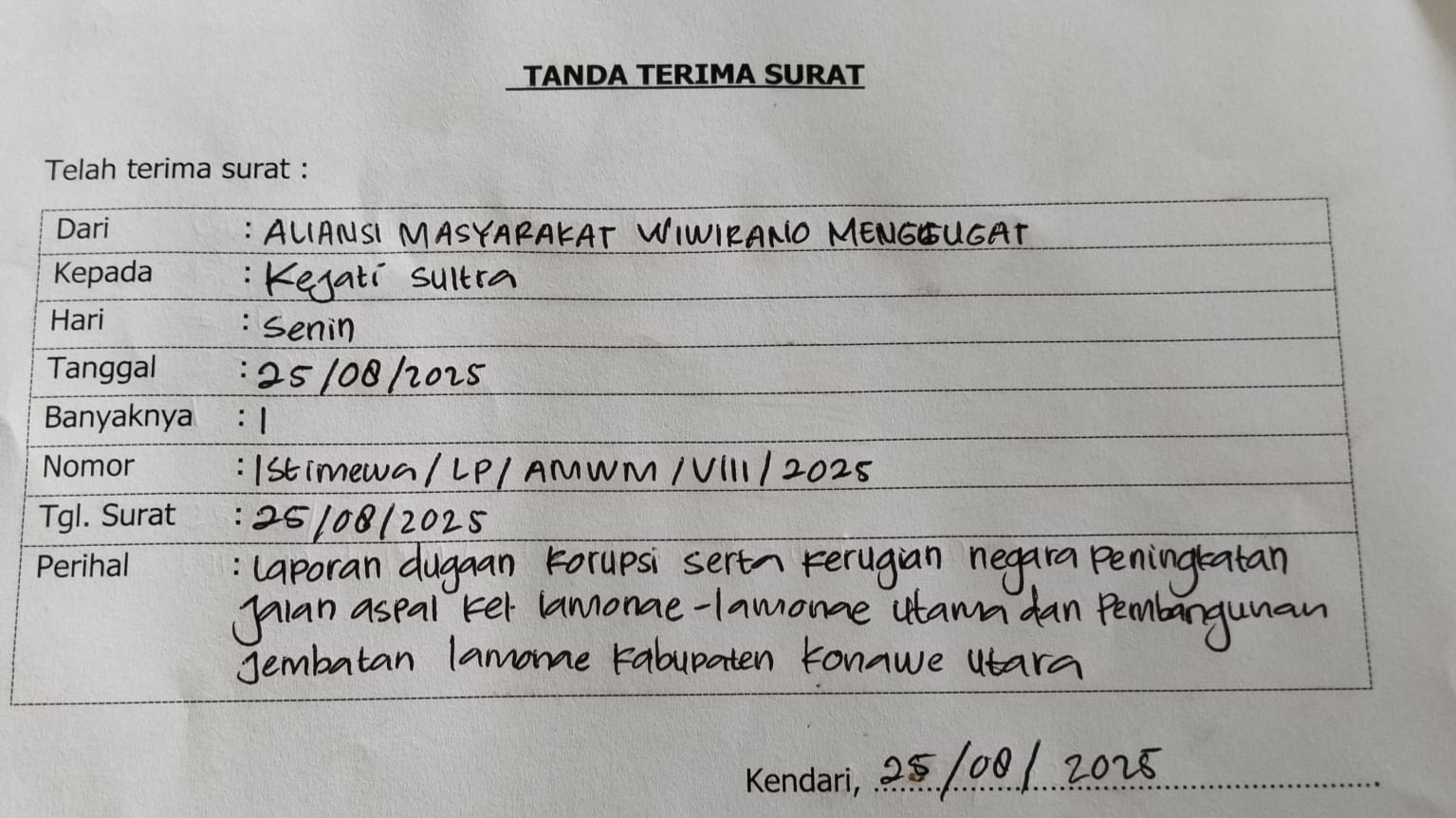 Dugaan Korupsi Proyek Jalan Lamonae Konut Resmi Dilaporkan ke Kejati Sultra