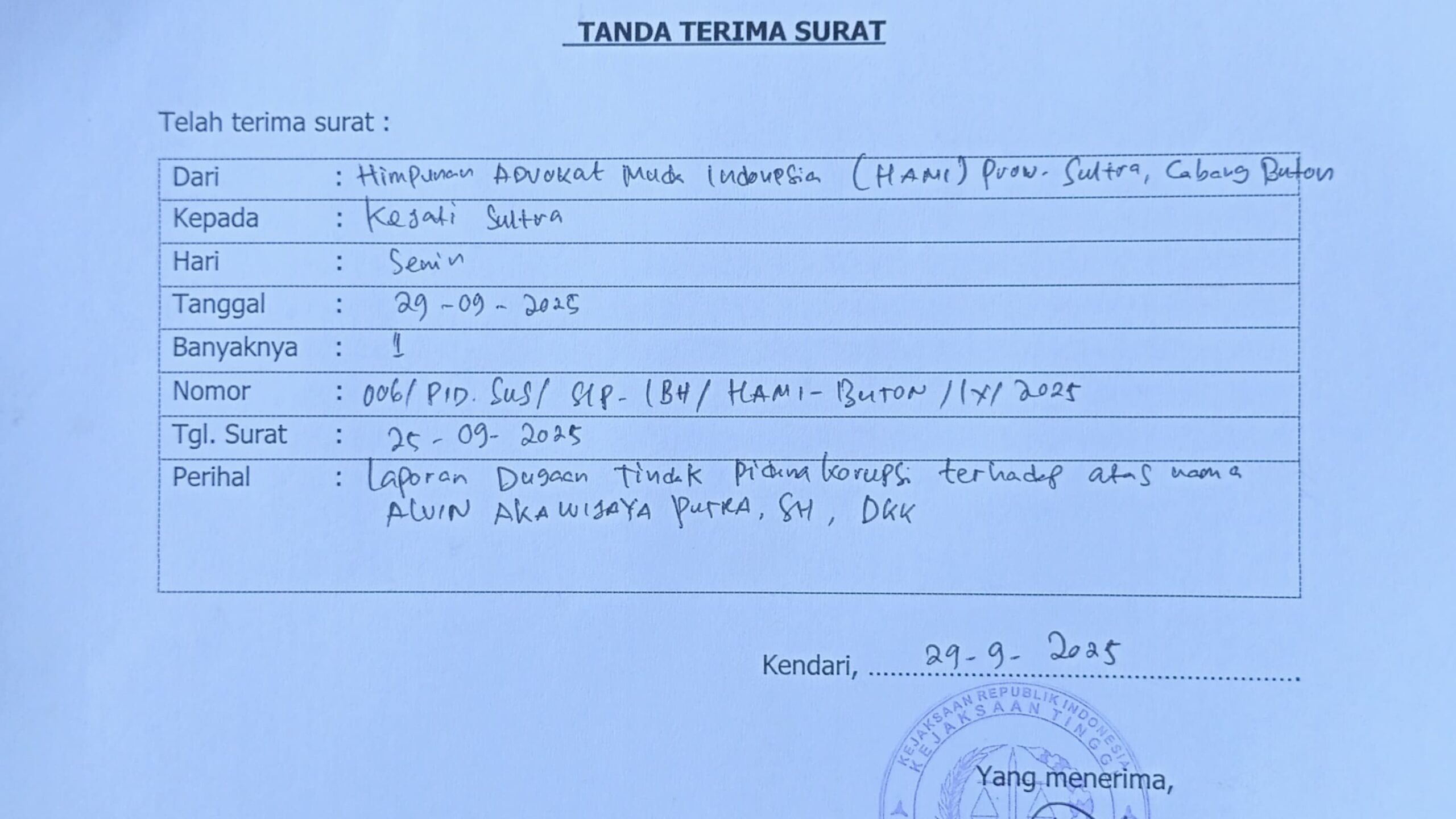 LBH HAMI Buton Laporkan Bupati Buton dan PT Putindo ke Kejati Sultra Terkait Dugaan Korupsi PKS Jalan Umum