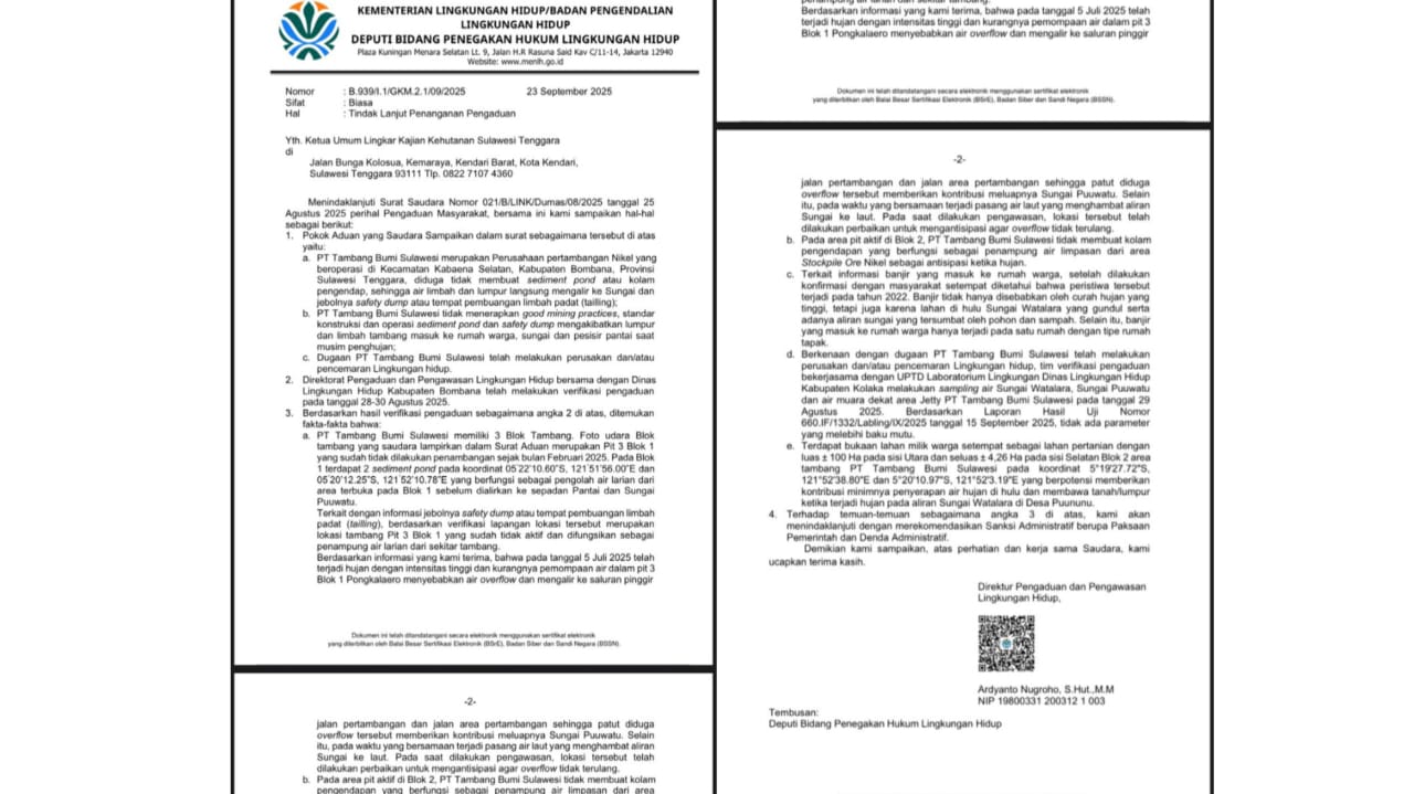 Diduga Cemari Lingkungan di Bombana, PT Tambang Bumi Sulawesi Disanksi Kementerian Lingkungan Hidup