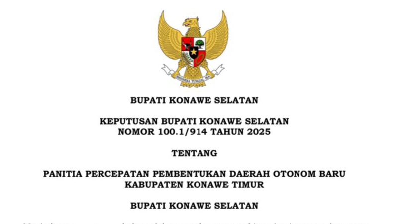 Bupati Konawe Selatan Resmi Bentuk Panitia Percepatan Pemekaran Kabupaten Konawe Timur
