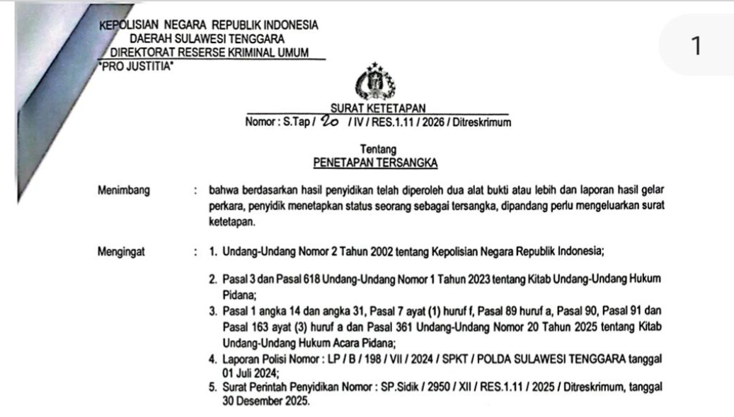 Mantan Dirut Perumda Utama Sultra Jadi Tersangka Kasus Dugaan Penipuan Investasi Tambang