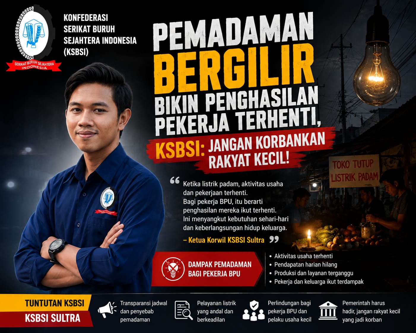 Pemadaman Bergilir Bikin Penghasilan Pekerja Terhenti, KSBSI: Jangan Korbankan Rakyat Kecil!