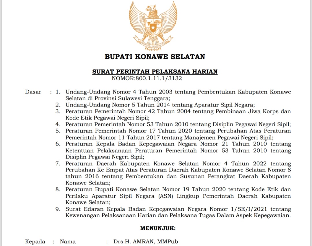 Bupati Konawe Selatan Tunjuk Amran Sebagai Plh Sekda
